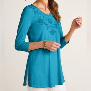 Soft Surrounding Tunic Top Womens XL Blue Embroidered V Neck 3/4 Sleeve New